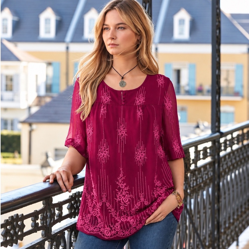 Sundance Embroidered Boho Tunic Top Burgundy Floral Sheer Sleeves Medium